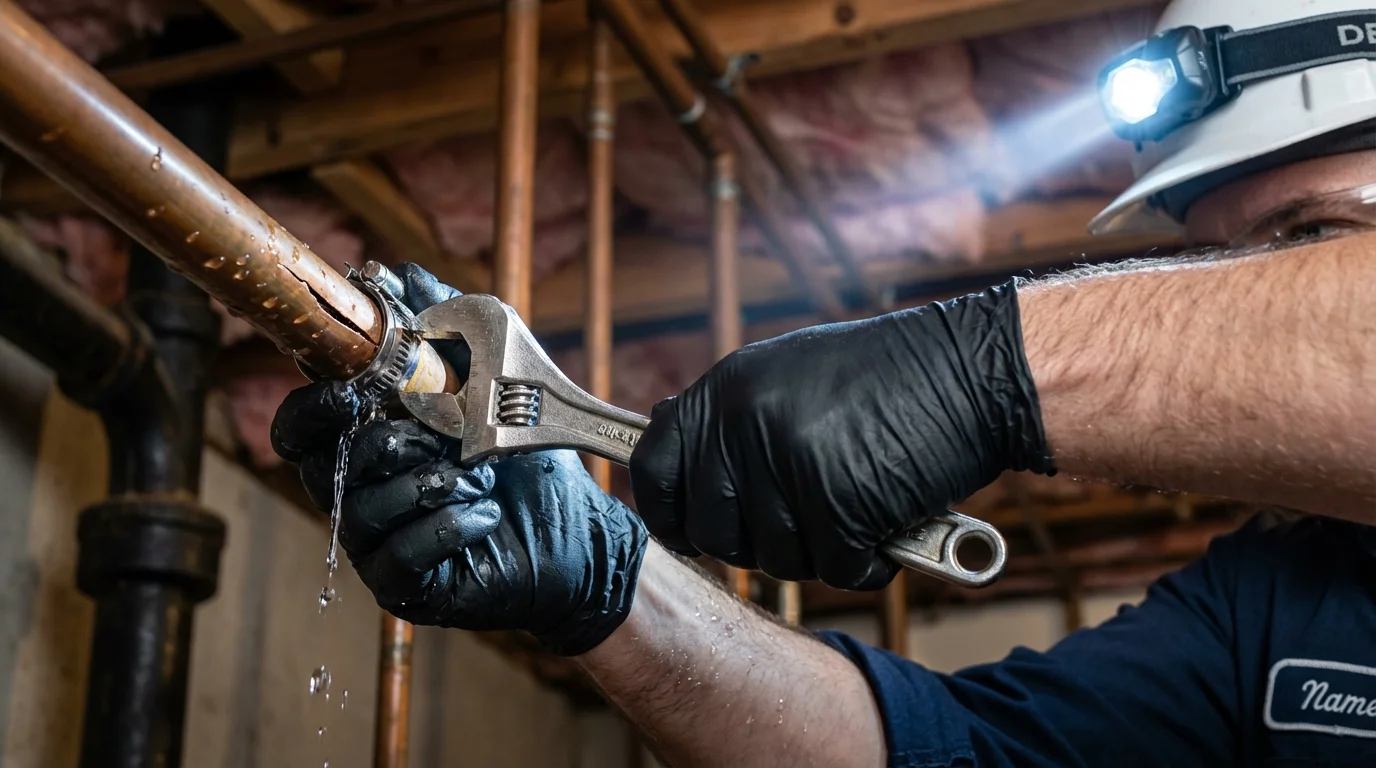 Emergency pipe clamp repair being performed by a Johns Plumbing LLC plumber in Channahon