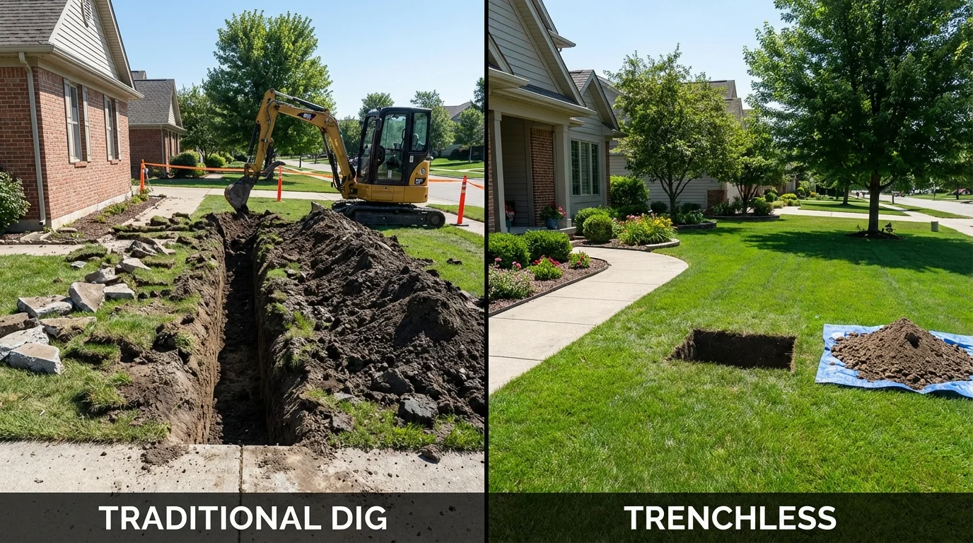 Trenchless sewer repair with minimal yard damage versus traditional excavation in Channahon, IL